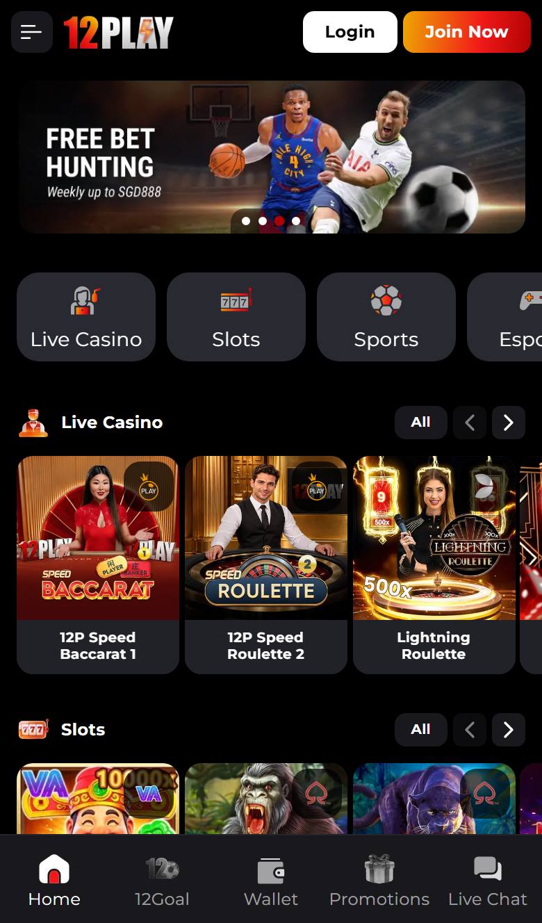 12Play mobile site with Free Bet Hunting banner, product tiles and bottom navigation with Wallet and Live Chat