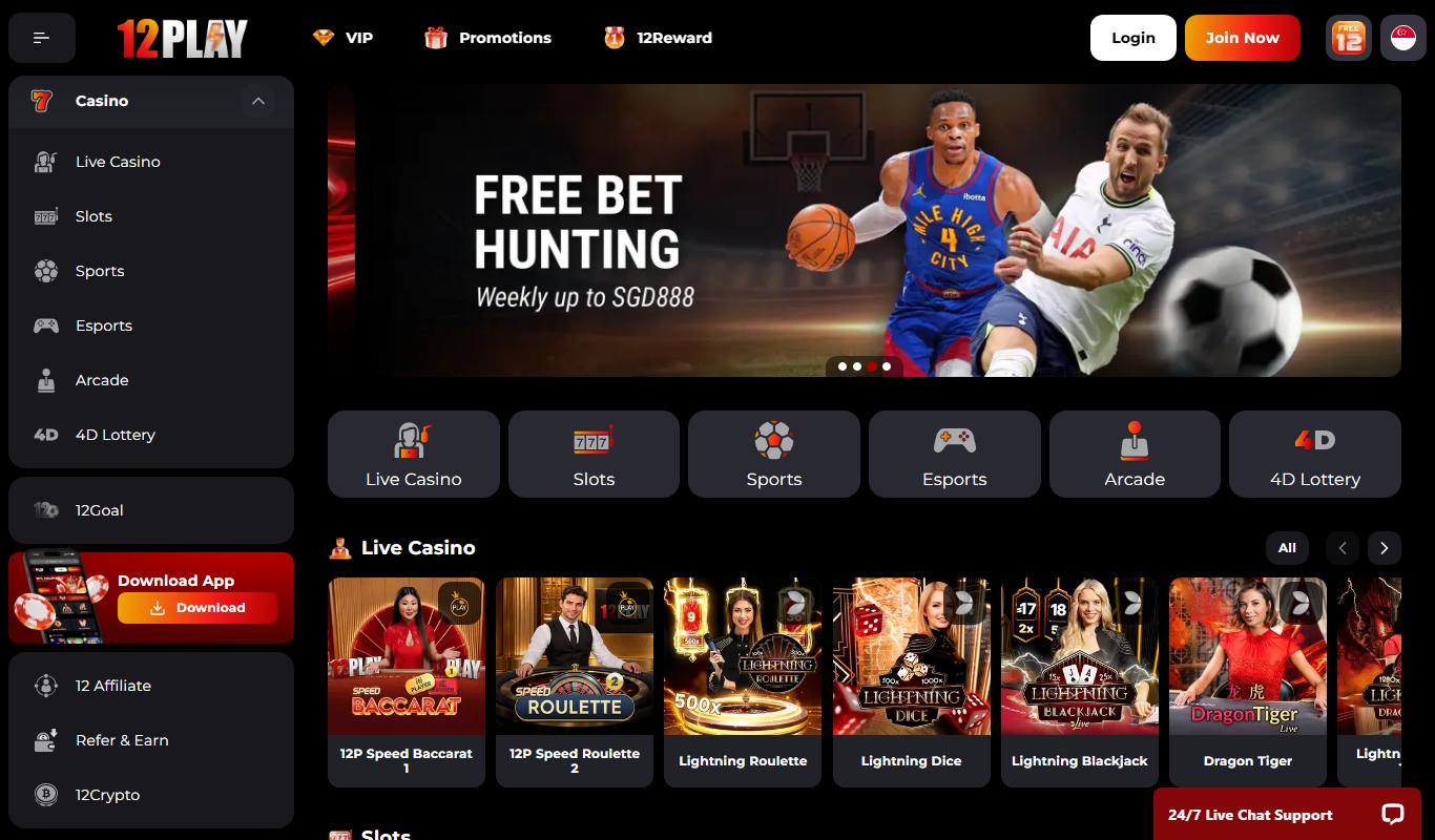 12Play Singapore homepage with Free Bet Hunting banner, product tiles and Live Casino row