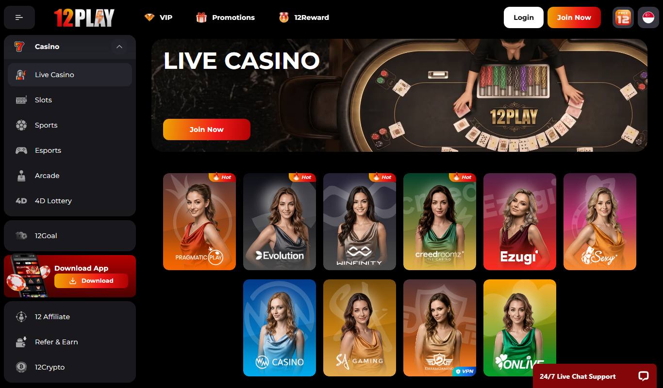 12Play live casino lobby with Pragmatic Play, Evolution, Winfinity, CreedRoomz, Ezugi, Sexy, WM Casino, SA Gaming, Dream Gaming and OnLive tiles