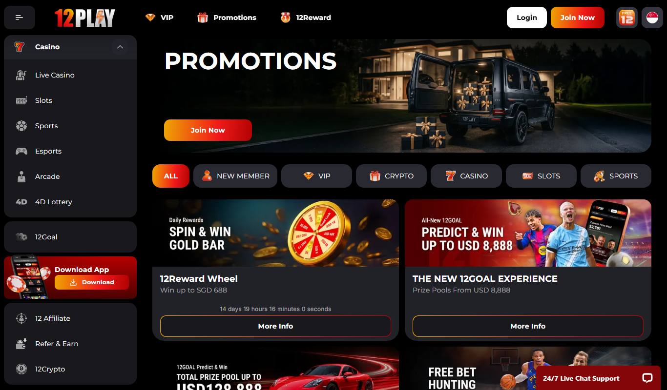 12Play promotions page with New Member, VIP, Crypto, Casino, Slots and Sports filters and 12Reward Wheel card