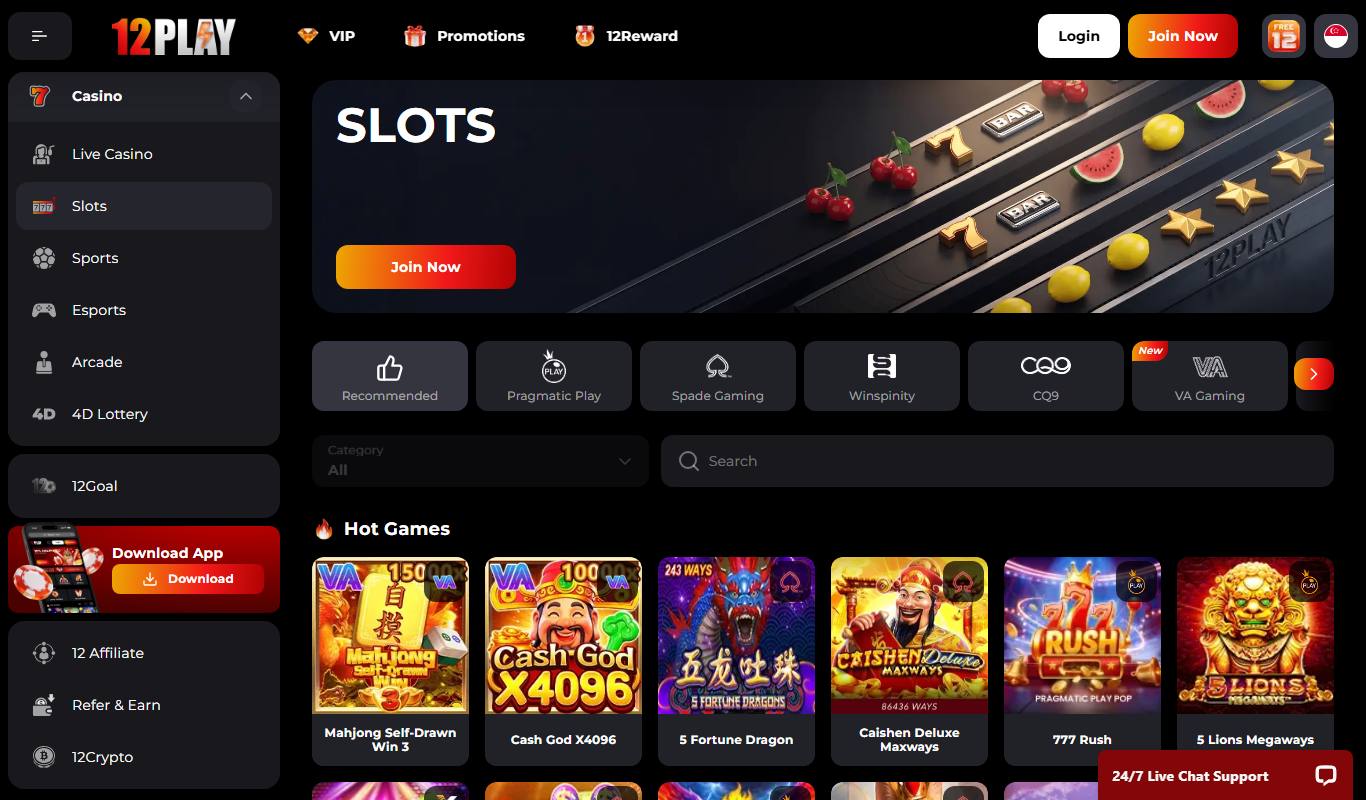 12Play slots lobby with provider tabs including Pragmatic Play, Spade Gaming, Winspinity, CQ9 and VA Gaming and Hot Games row