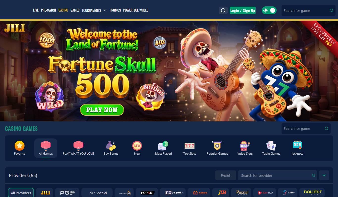 747 Live casino lobby with JILI Fortune Skull 500 exclusive banner, game categories and 65-provider filter