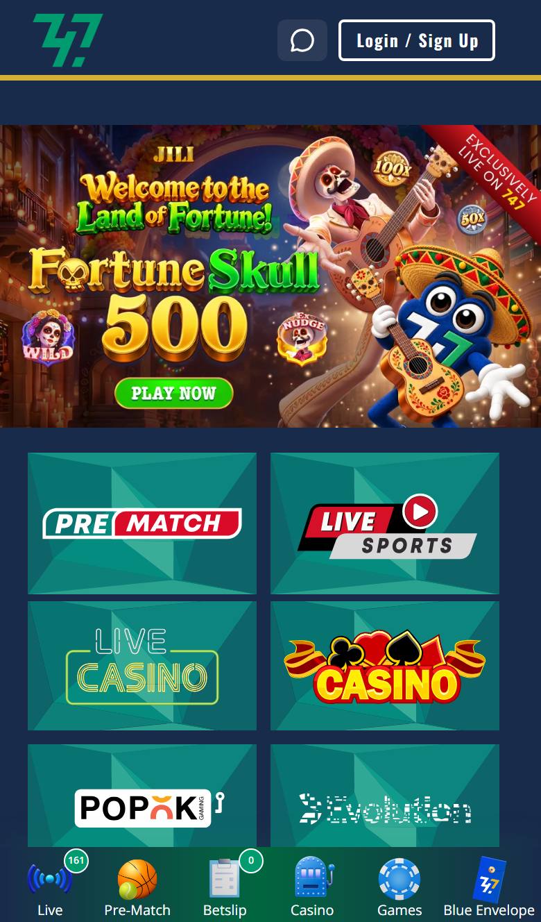747 Live mobile site on iPhone with Fortune Skull 500 banner, product tiles and bottom navigation including Blue Envelope