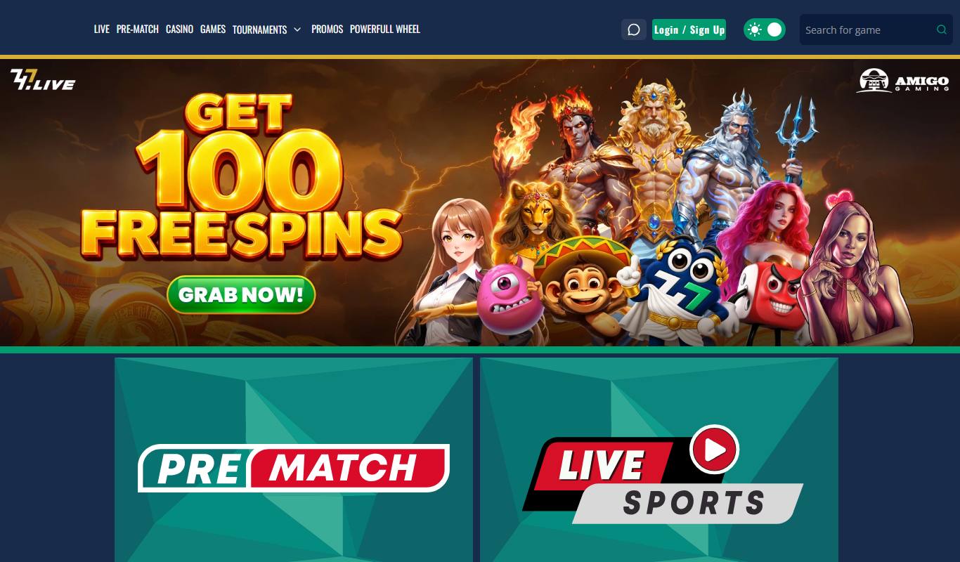 747 Live homepage with Get 100 Free Spins Amigo Gaming banner and Pre-Match and Live Sports tiles