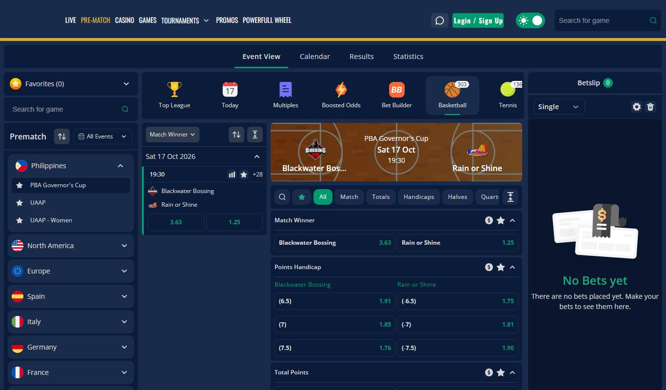 747 Live pre-match sportsbook showing PBA Governor's Cup basketball match with handicap and total points markets