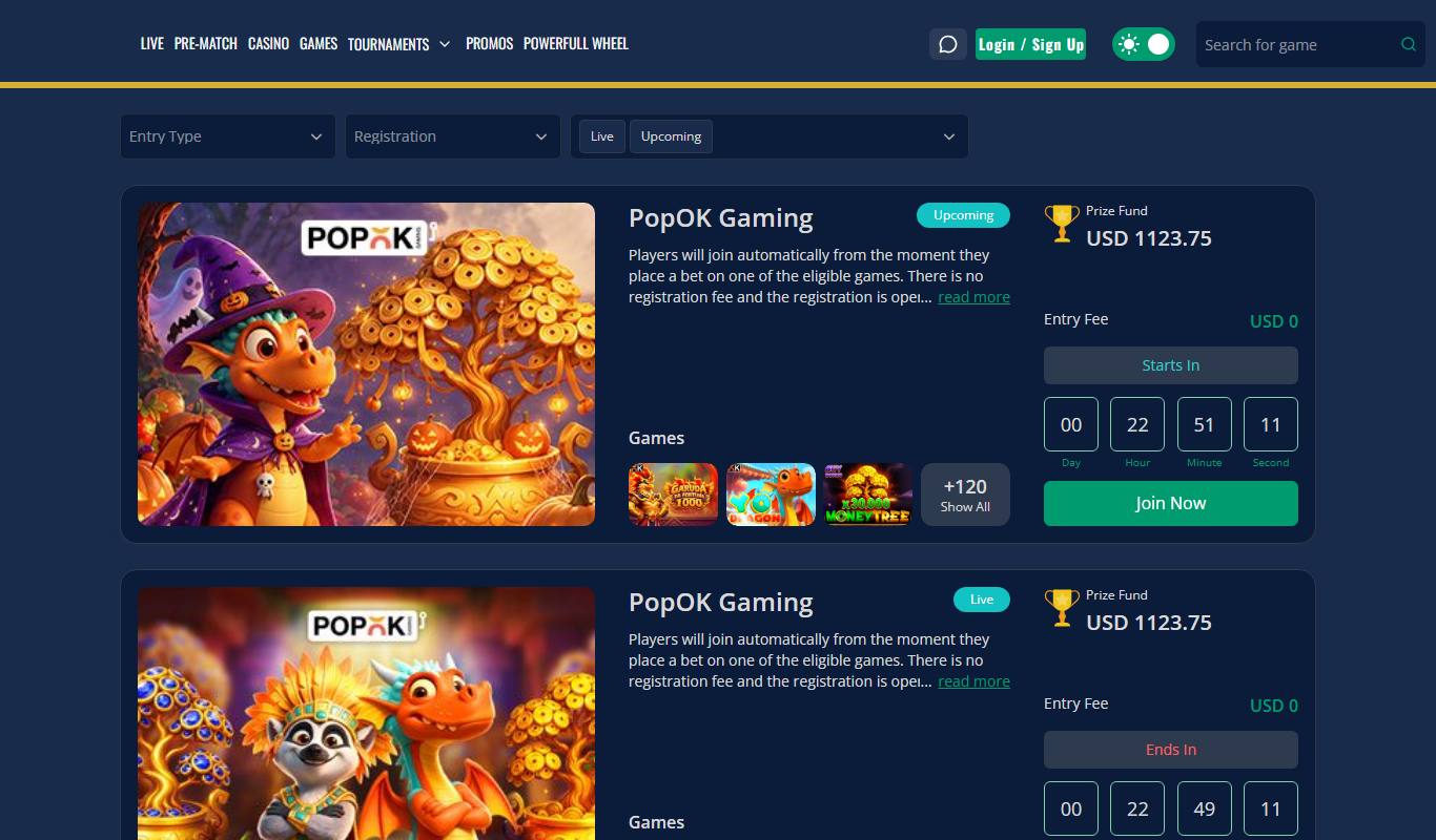 747 Live casino tournaments page with PopOK Gaming tournaments, USD prize funds and countdown timers