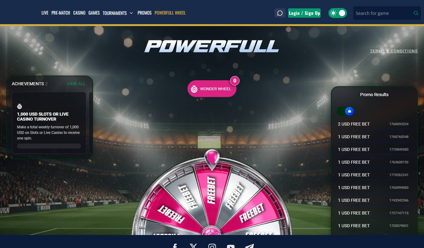 747 Live Powerfull Wheel page with free bet wheel, achievements panel and USD free bet promo results