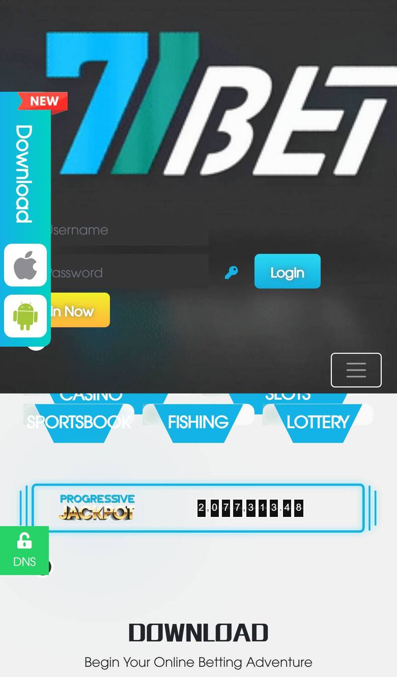 77Bet mobile site on iPhone with oversized logo header, login fields, app download tab and game category buttons