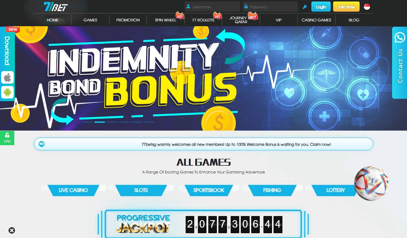 77Bet Singapore homepage with Indemnity Bond Bonus banner, top menu including Journey to Qatar, and progressive jackpot counter