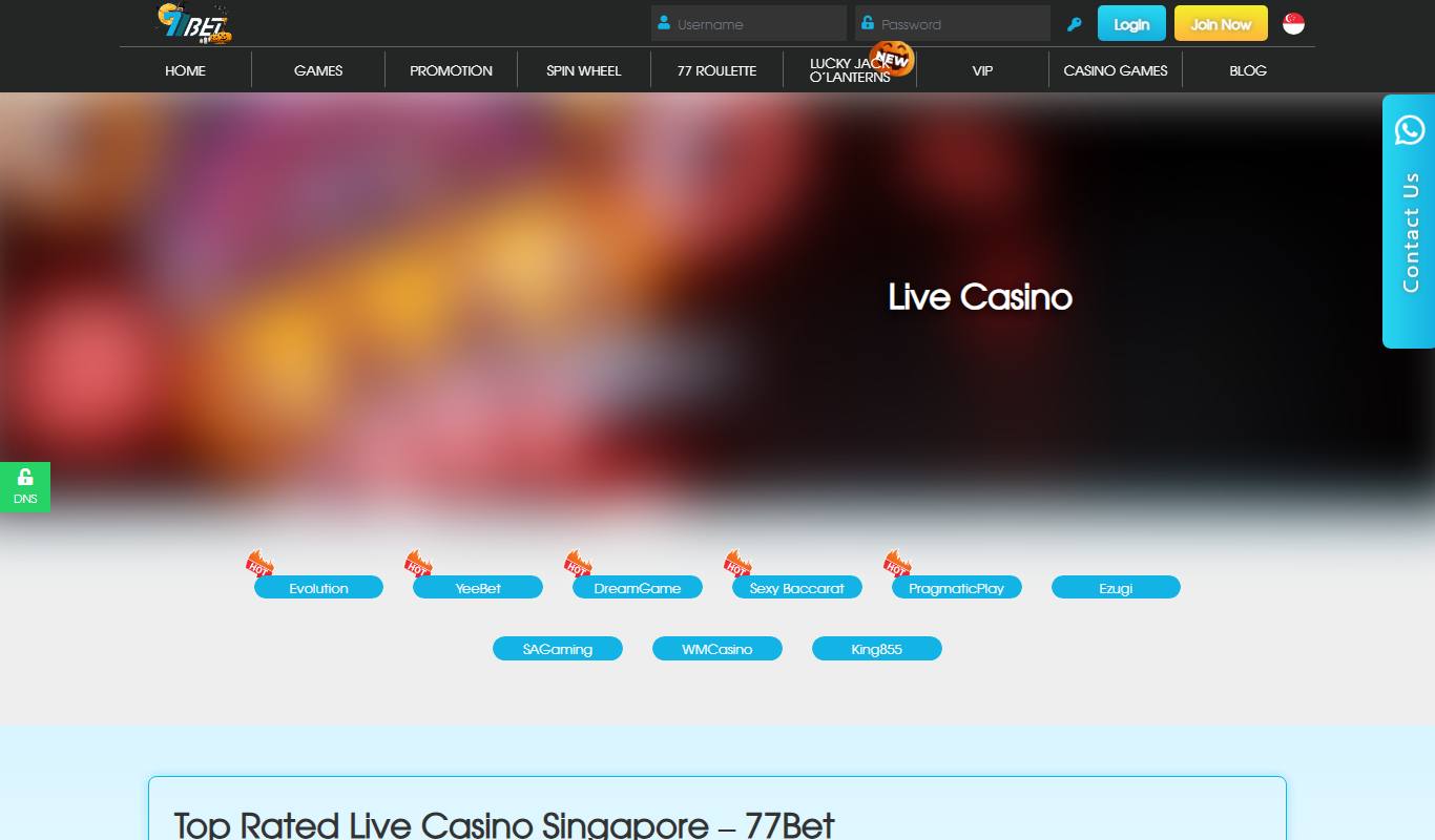 77Bet live casino page with provider buttons for Evolution, YeeBet, DreamGame, Sexy Baccarat, Pragmatic Play, Ezugi, SA Gaming, WM Casino and King855