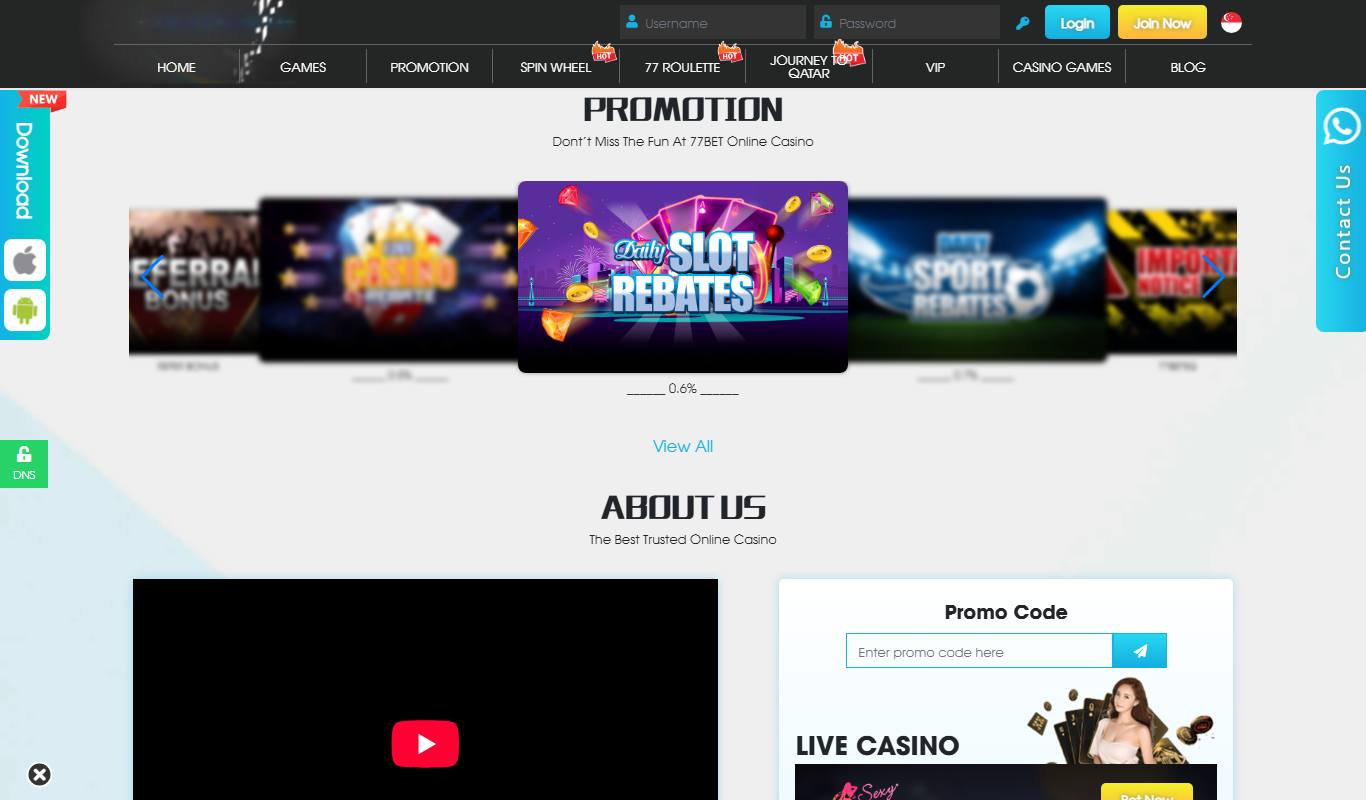 77Bet homepage promotion carousel showing Daily Slot Rebates, Sport Rebates and Referral Bonus cards, with promo code box