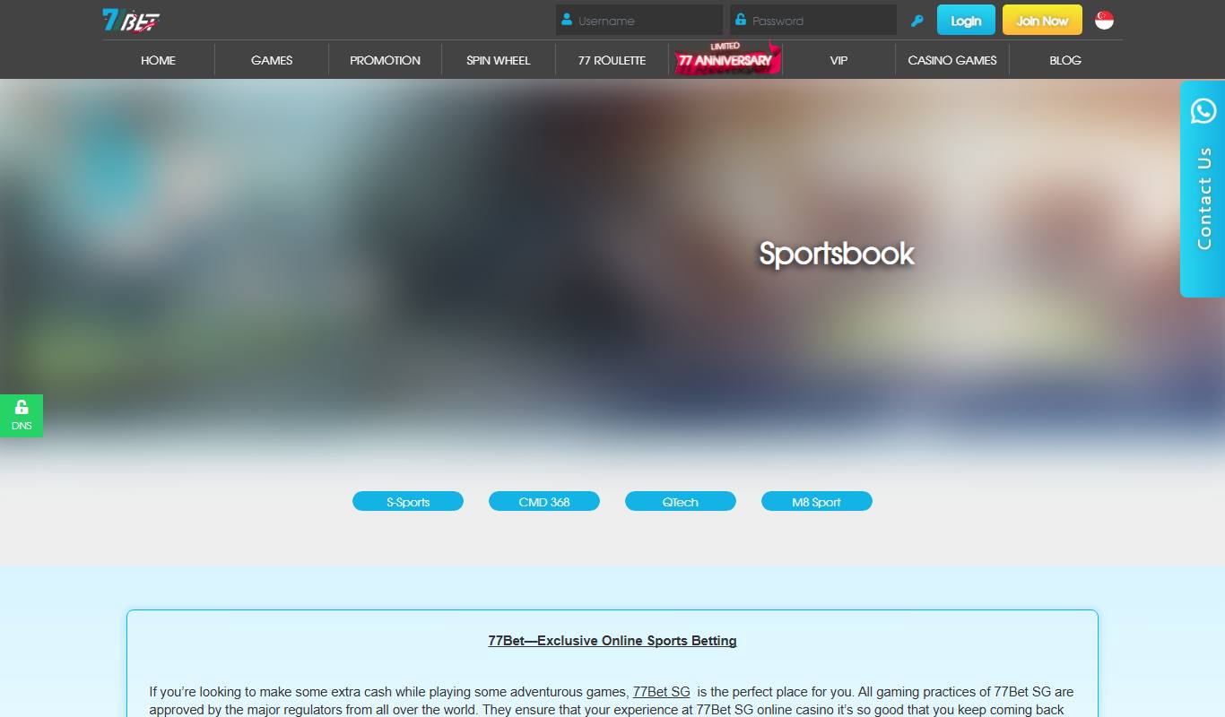 77Bet sportsbook page with S-Sports, CMD 368, QTech and M8 Sport provider buttons