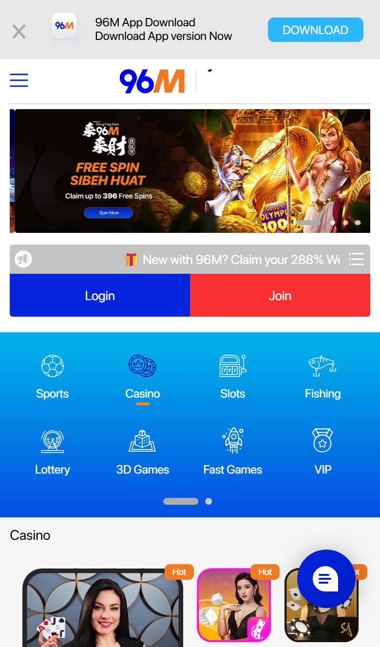 96M mobile site on iPhone with app download bar, Login and Join buttons and product icon grid