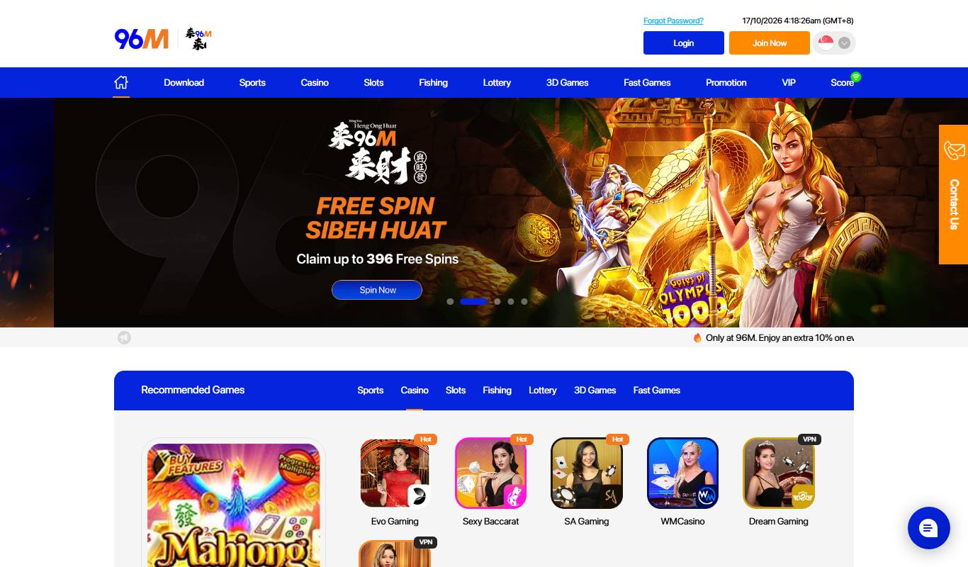 96M Singapore homepage with Sibeh Huat Free Spin banner and Recommended Games panel showing live casino providers