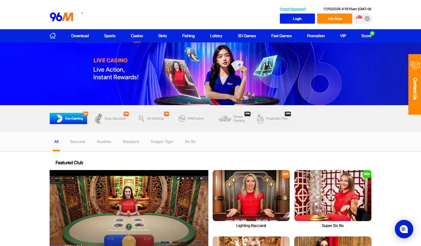 96M live casino lobby with Evo Gaming, Sexy Baccarat, SA Gaming, WMCasino, Dream Gaming and Pragmatic Play tabs and a Featured Club section