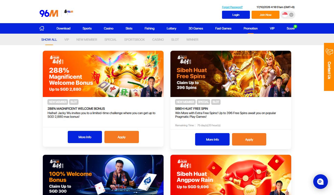 96M promotions page with 288% Magnificent Welcome Bonus, Sibeh Huat Free Spins, 100% Welcome Bonus and Angpow Rain cards