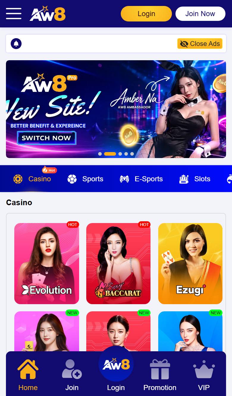 AW8 mobile site with AW8 Pro New Site banner, Casino, Sports, E-Sports and Slots tabs and bottom navigation