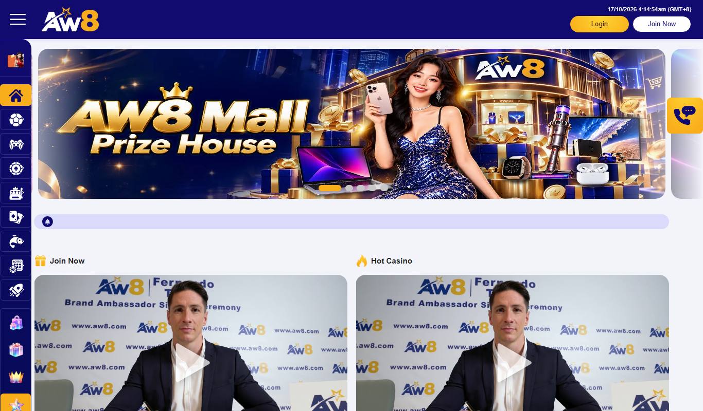 AW8 Singapore homepage with AW8 Mall Prize House banner, icon sidebar and Fernando Torres ambassador video