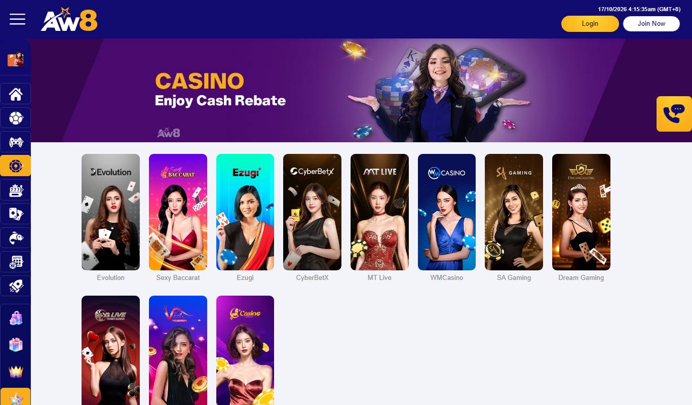 AW8 live casino lobby with Evolution, Sexy Baccarat, Ezugi, CyberBetX, MT Live, WM Casino, SA Gaming, Dream Gaming, Yeebet, Via Casino and On Casino