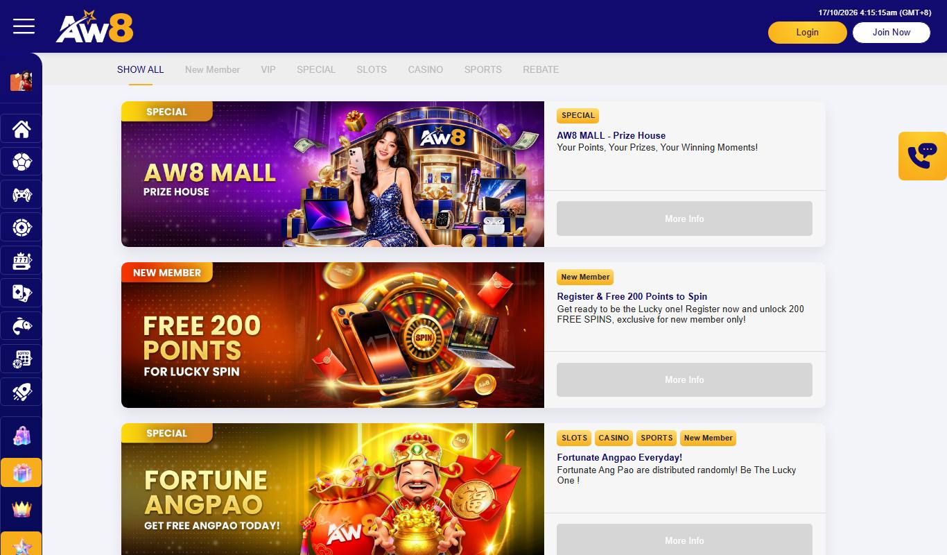 AW8 promotions page with New Member, VIP, Special, Slots, Casino, Sports and Rebate tabs and Free 200 Points card
