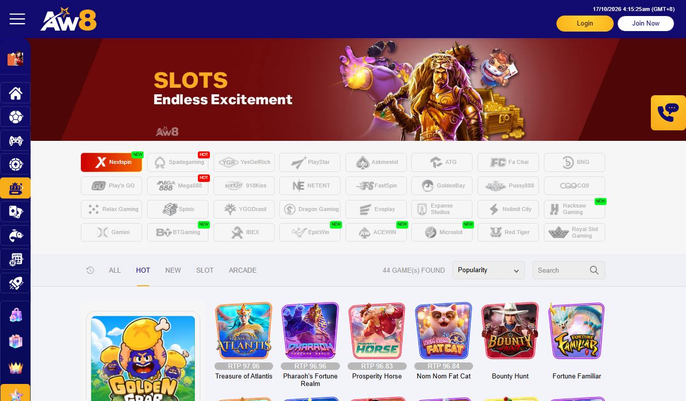 AW8 slots lobby with 32 provider buttons including Nextspin, Spadegaming, Play'n GO, NetEnt, Nolimit City, Hacksaw and Red Tiger, and RTP on game tiles