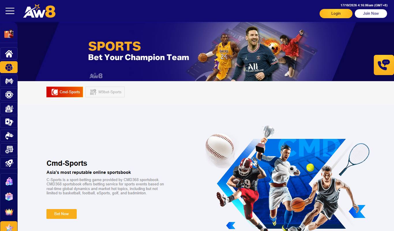 AW8 sports page with Cmd-Sports and M9bet-Sports tabs and CMD368 description