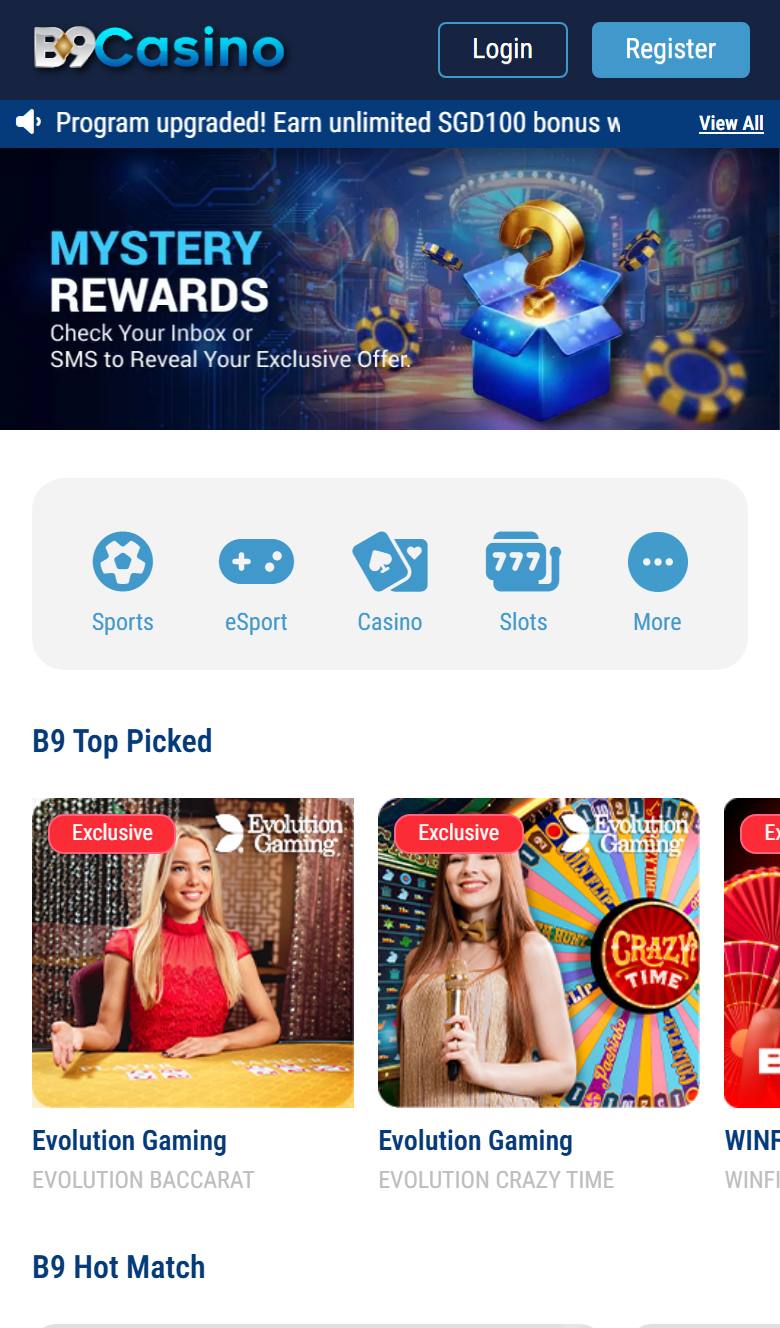 B9Casino mobile site on iPhone with Login and Register buttons, a Mystery Rewards banner and category icons for Sports, eSport, Casino and Slots