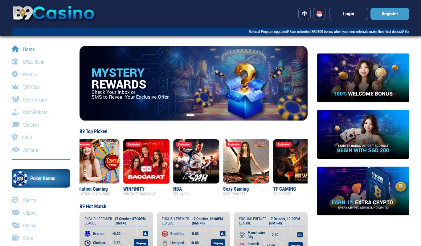 B9Casino Singapore homepage with Mystery Rewards banner, left-hand menu, B9 Top Picked games and side banners for the welcome and starter bonuses
