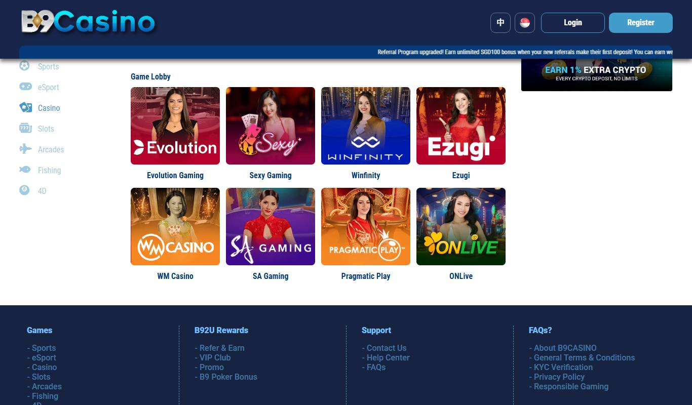 B9Casino live casino lobby with provider tiles for Evolution Gaming, Sexy Gaming, Winfinity, Ezugi, WM Casino, SA Gaming, Pragmatic Play and ONLive