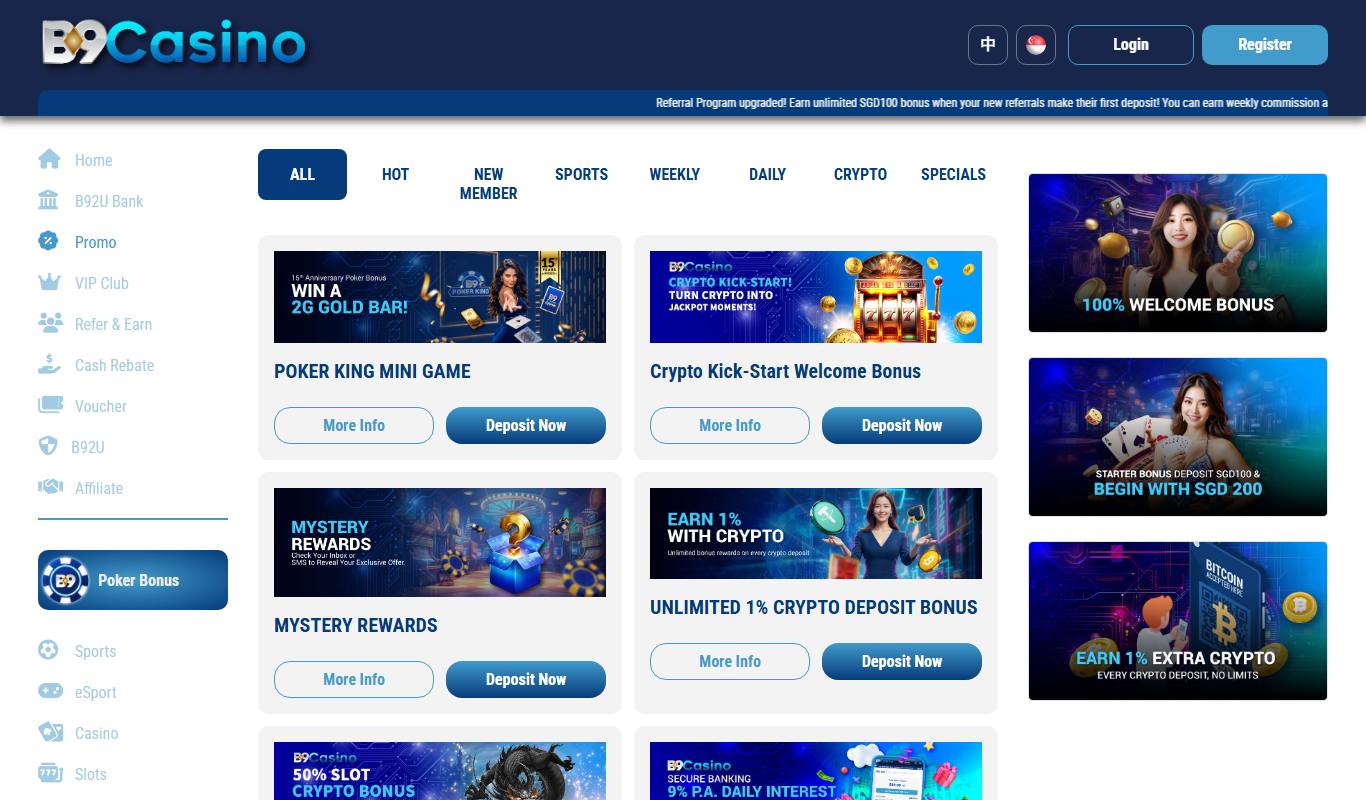 B9Casino promotions page with tabs for New Member, Sports, Weekly, Daily, Crypto and Specials, showing Poker King, Crypto Kick-Start and Mystery Rewards cards
