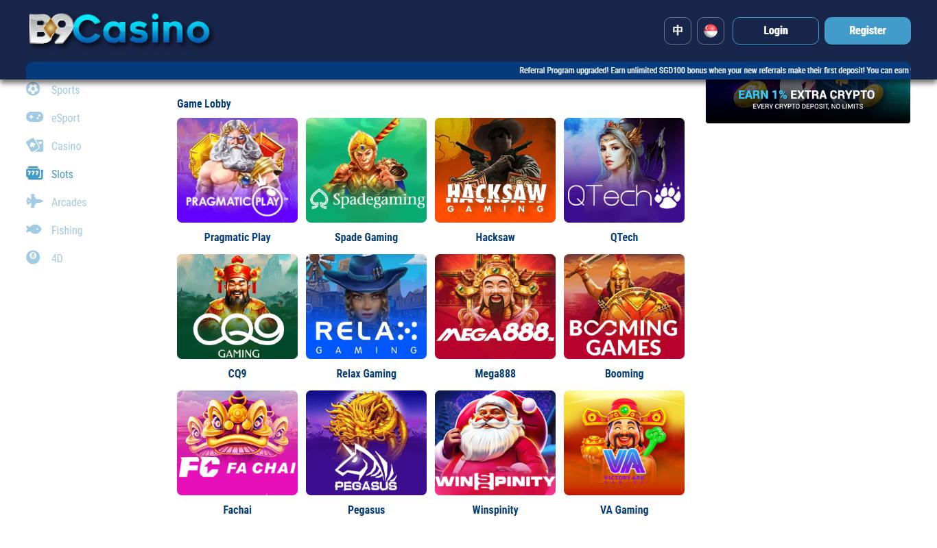 B9Casino slots game lobby with provider tiles for Pragmatic Play, Spadegaming, Hacksaw, QTech, CQ9, Relax Gaming, Mega888, Booming, Fa Chai, Pegasus, Winspinity and VA Gaming