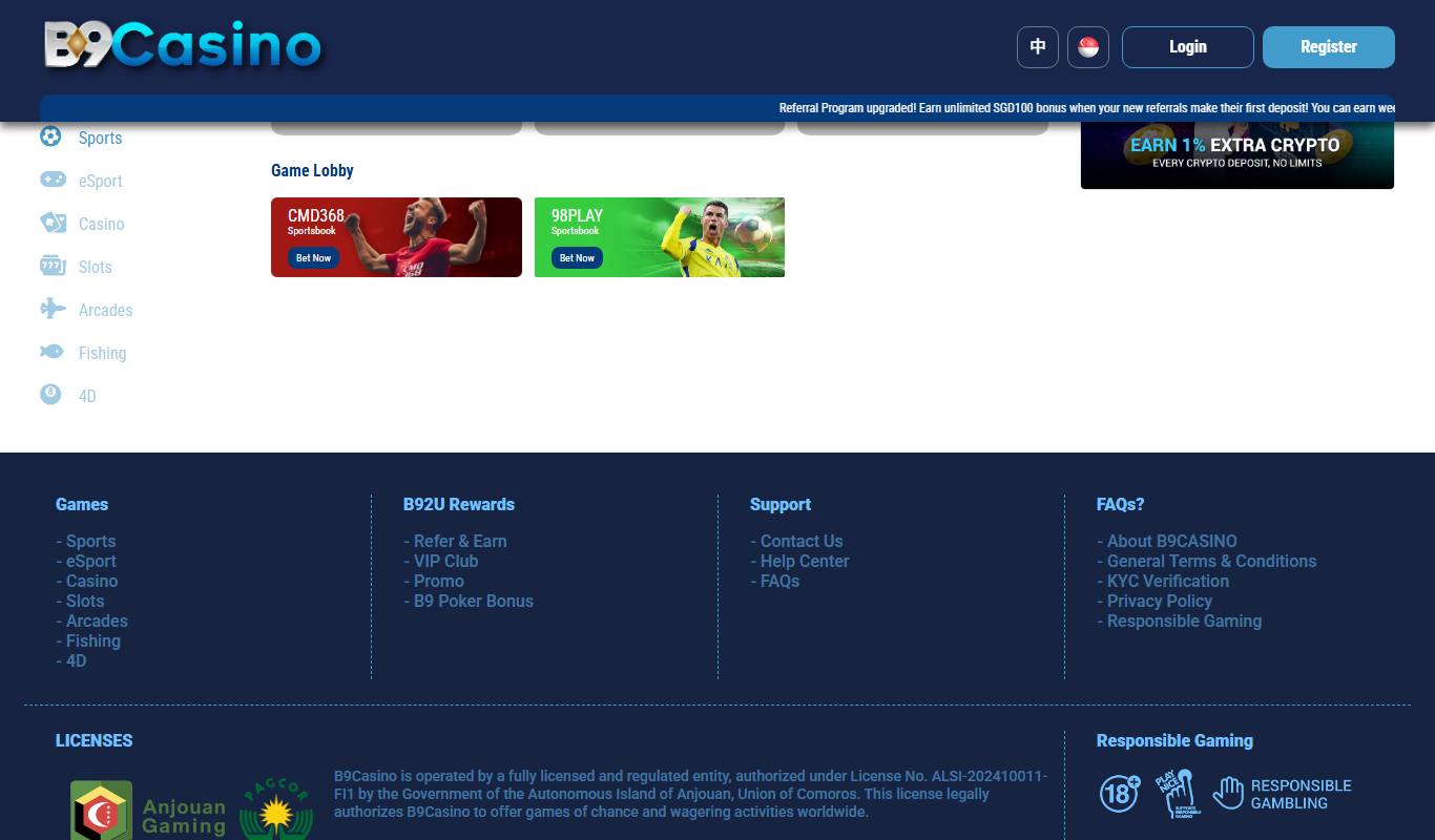 B9Casino sports page with CMD368 and 98PLAY sportsbook tiles and the site footer showing Anjouan licence details