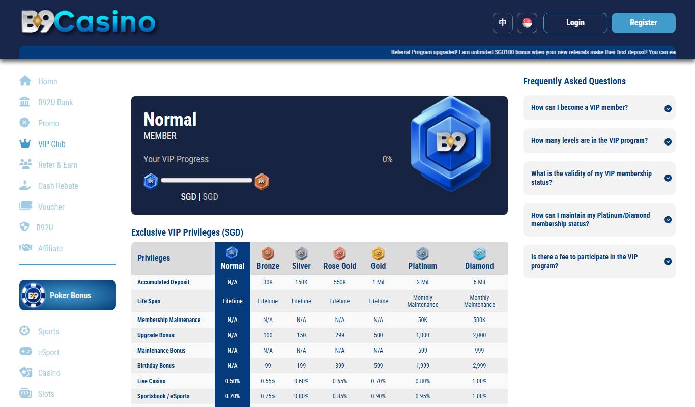 B9Casino VIP Club page with progress bar and SGD privileges table for Normal, Bronze, Silver, Rose Gold, Gold, Platinum and Diamond tiers