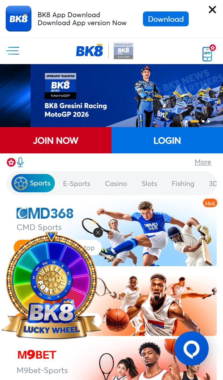 BK8 mobile site on iPhone with app download bar, Join Now and Login buttons and sports provider cards