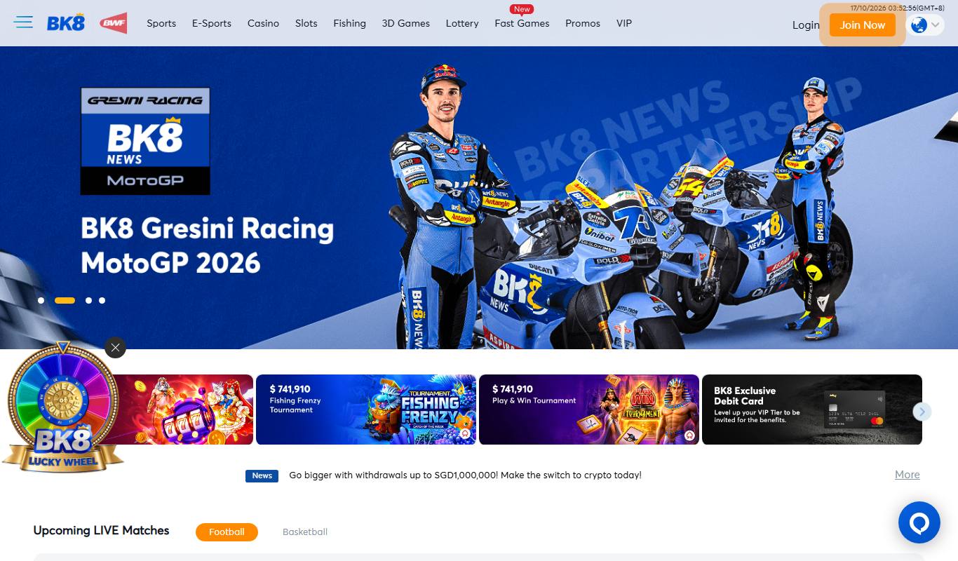 BK8 Singapore homepage showing the Gresini Racing MotoGP banner, promotion carousel and top navigation