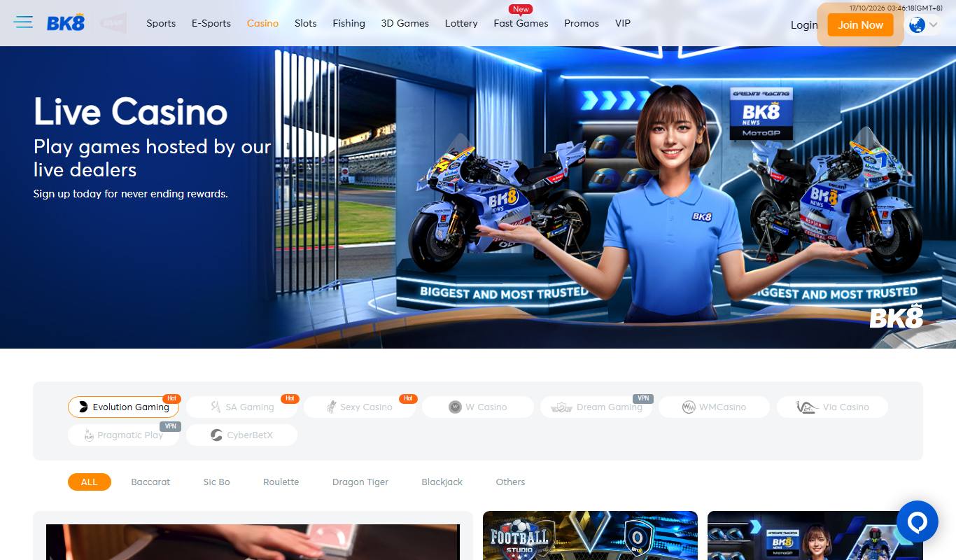 BK8 live casino lobby with Evolution Gaming, SA Gaming, Sexy Casino, Dream Gaming and WM Casino provider tabs