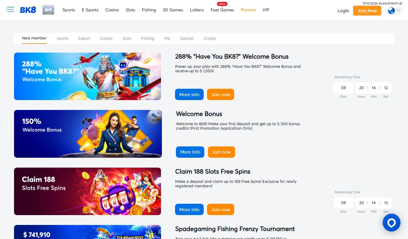 BK8 promotions page listing the 288% welcome bonus, 150% welcome bonus and 188 free spins offer