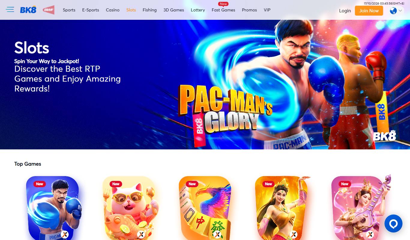 BK8 slots lobby with Pac-Man's Glory banner and top games row showing RTP figures