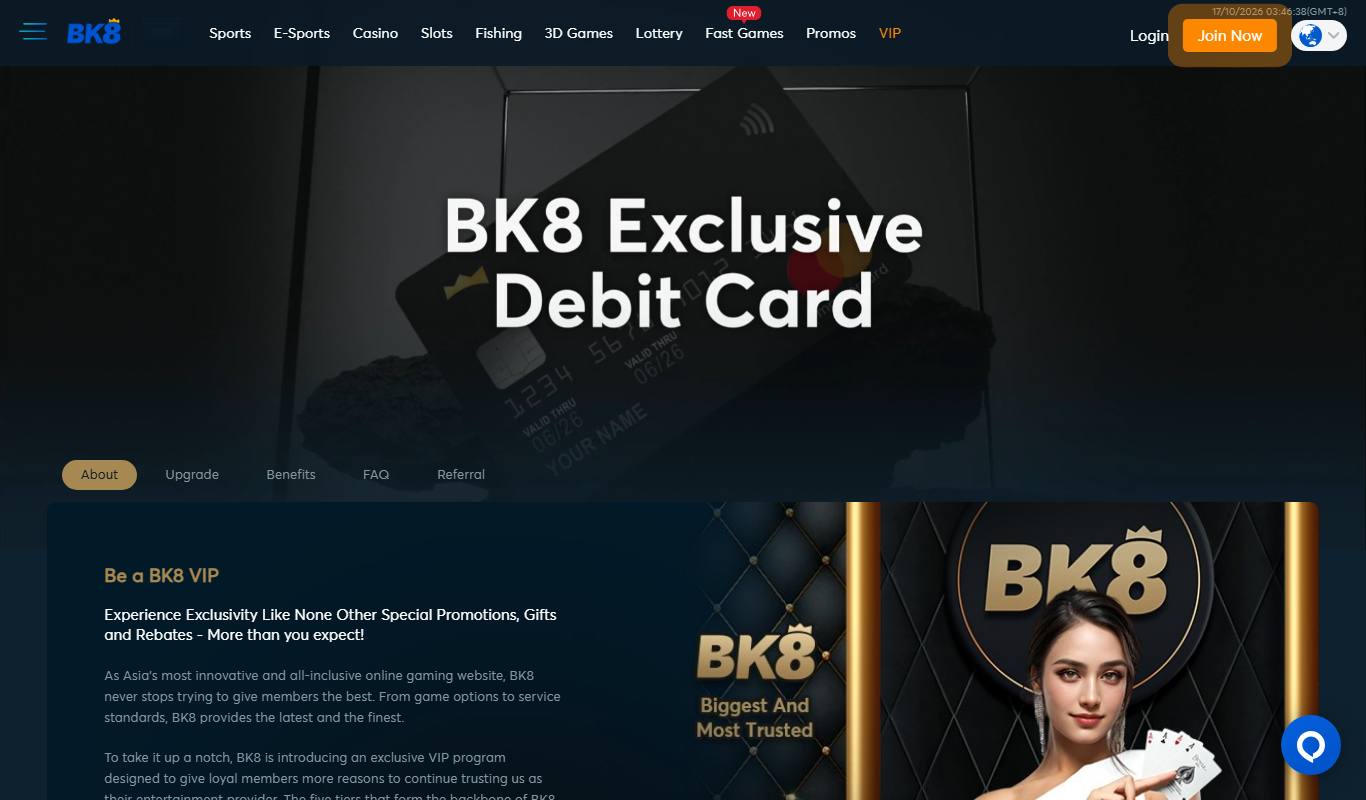 BK8 VIP page promoting the BK8 Exclusive Debit Card and five-tier VIP programme