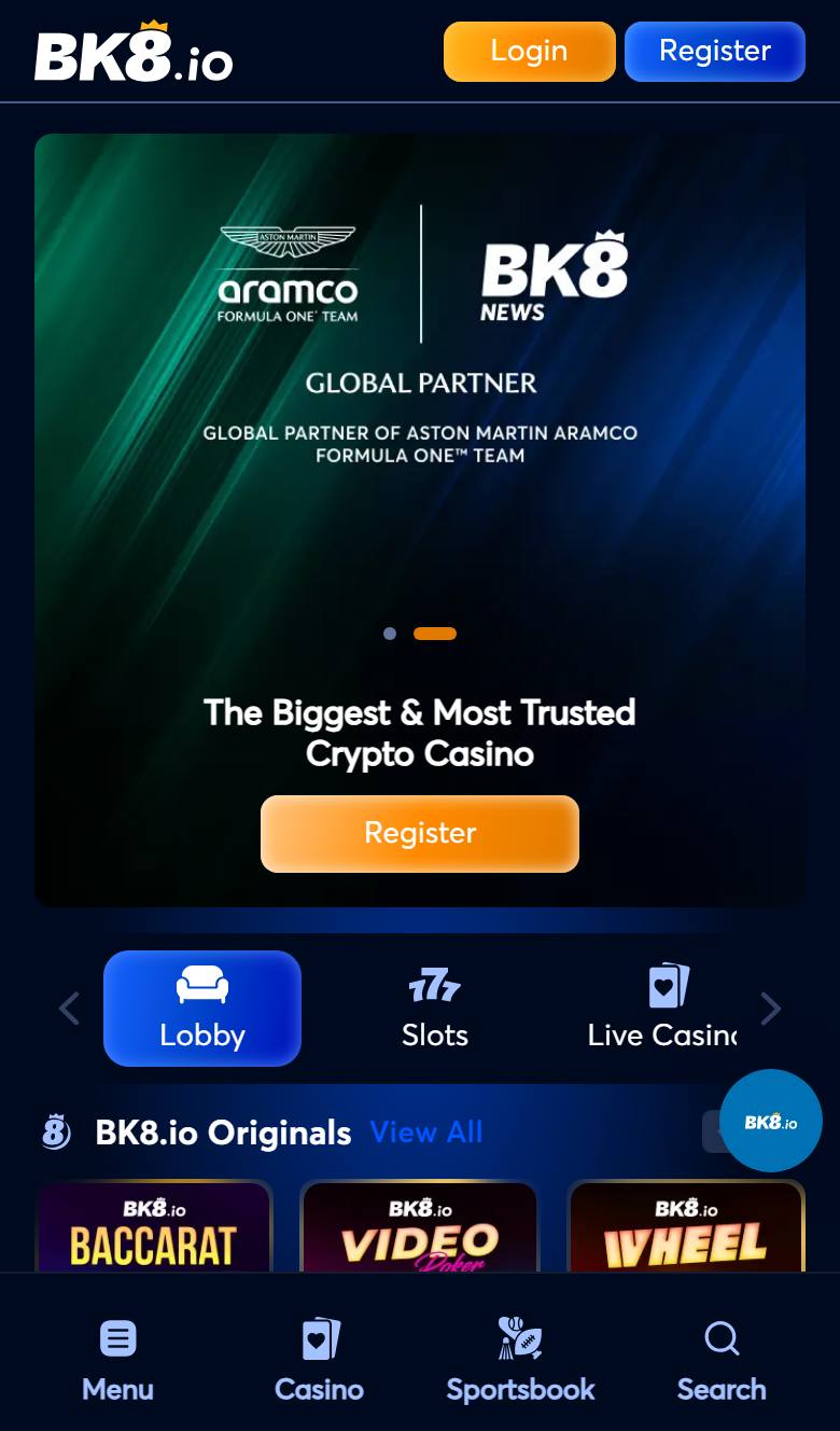 BK8.io mobile site with Login and Register buttons, Aston Martin F1 banner and a bottom bar with Menu, Casino, Sportsbook and Search