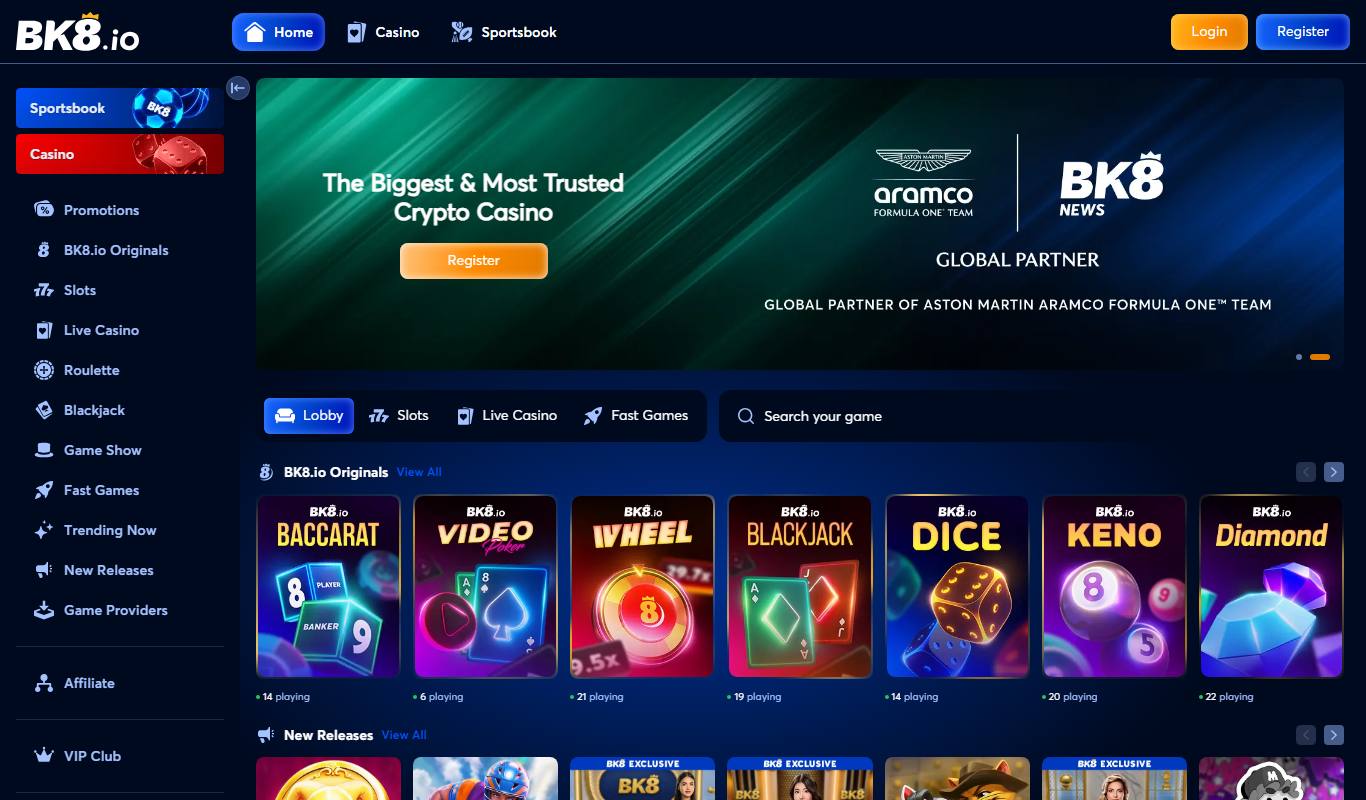 BK8.io homepage with the Aston Martin Aramco Formula One Team global partner banner, left sidebar menu and BK8.io Originals row