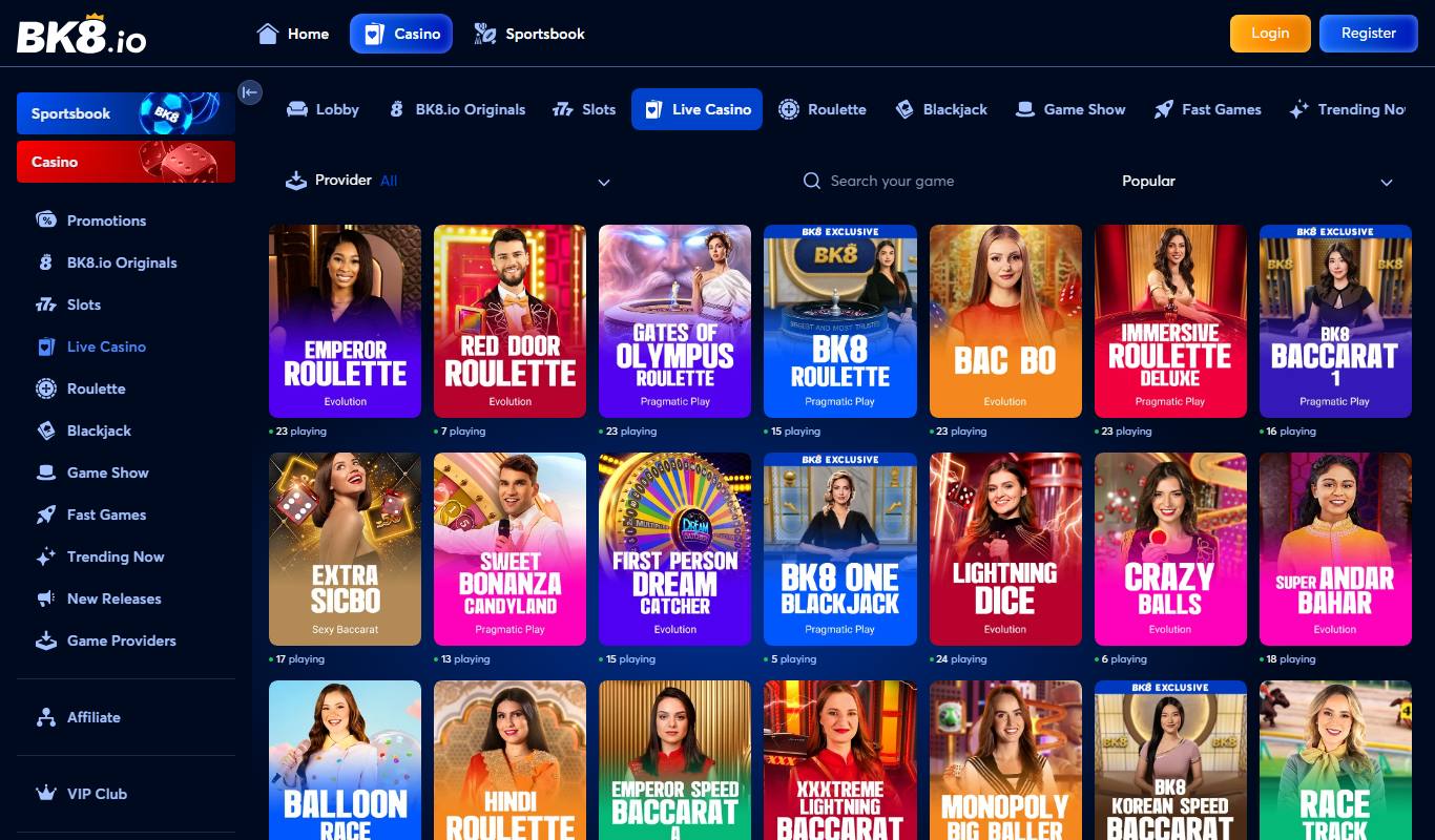 BK8.io live casino lobby with Evolution and Pragmatic Play tables, including BK8 Exclusive Roulette, Baccarat and Blackjack