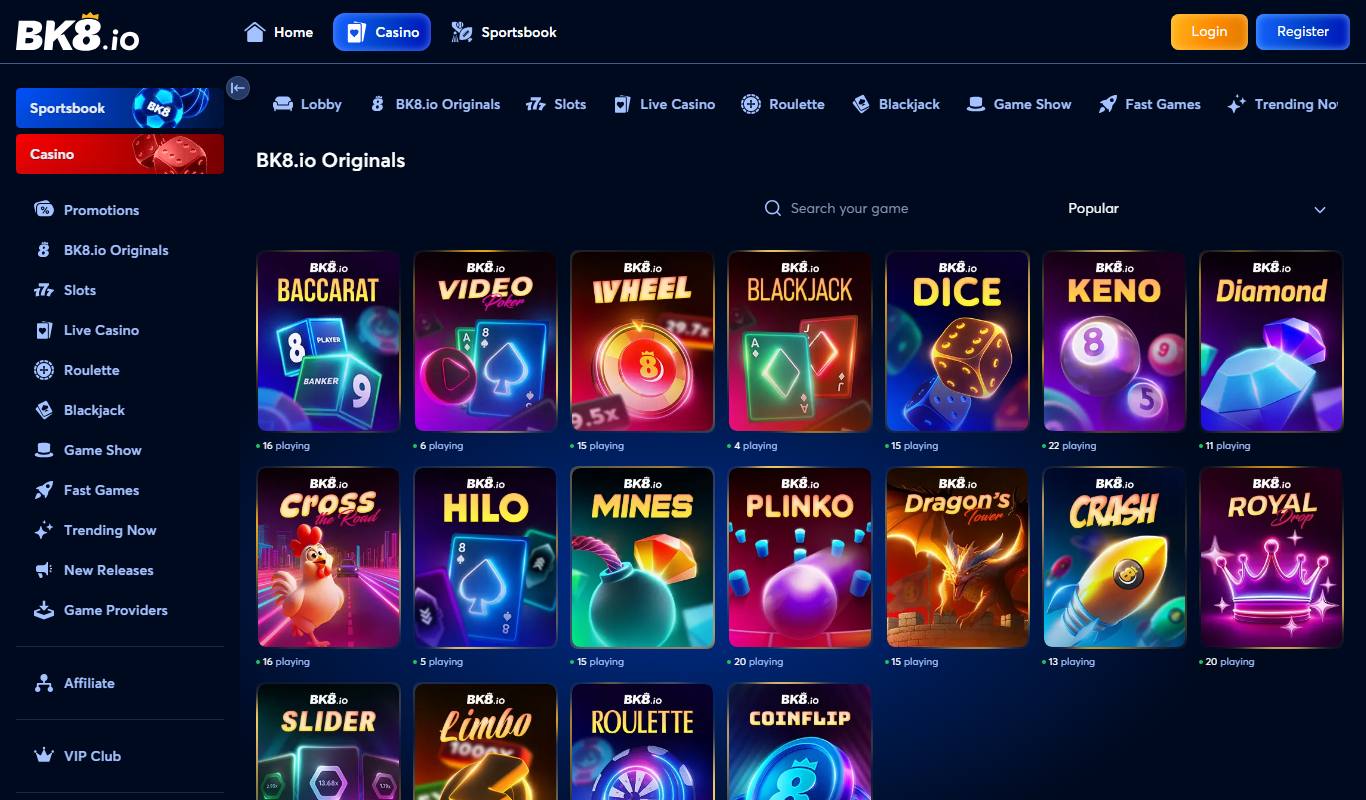 BK8.io Originals lobby showing 18 in-house games including Baccarat, Dice, Mines, Plinko, Crash and Limbo