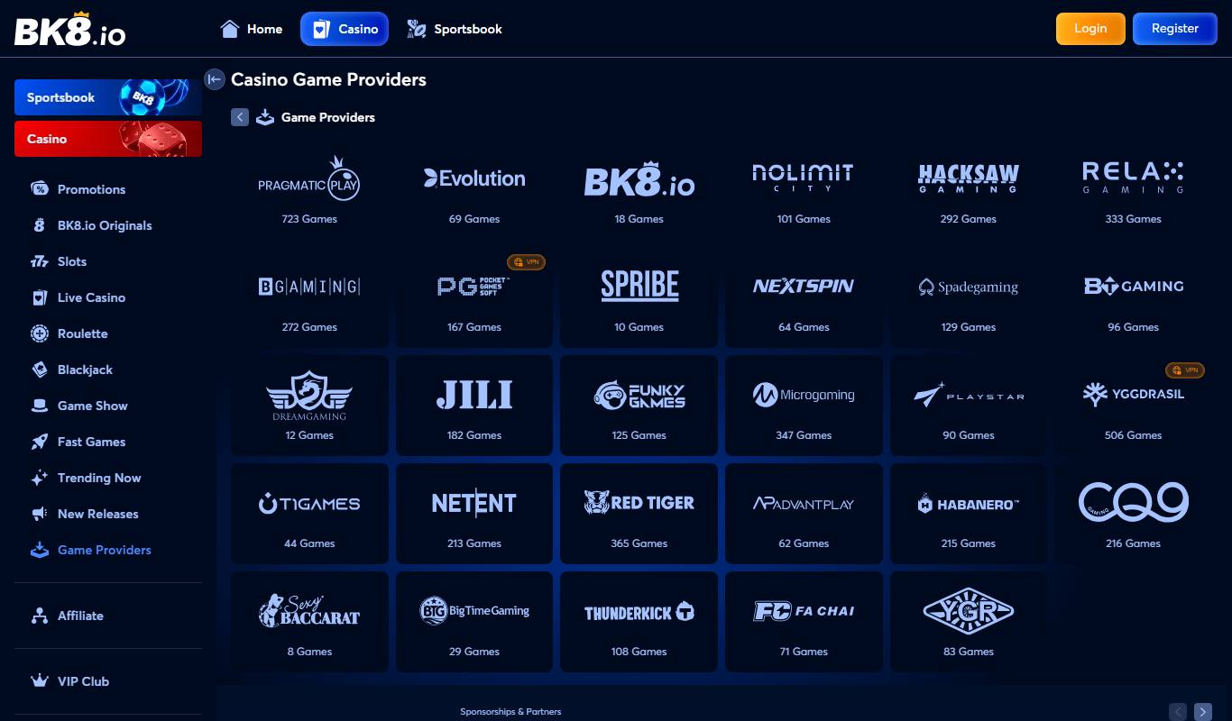 BK8.io Game Providers page listing 29 studios with game counts, led by Pragmatic Play with 723 games