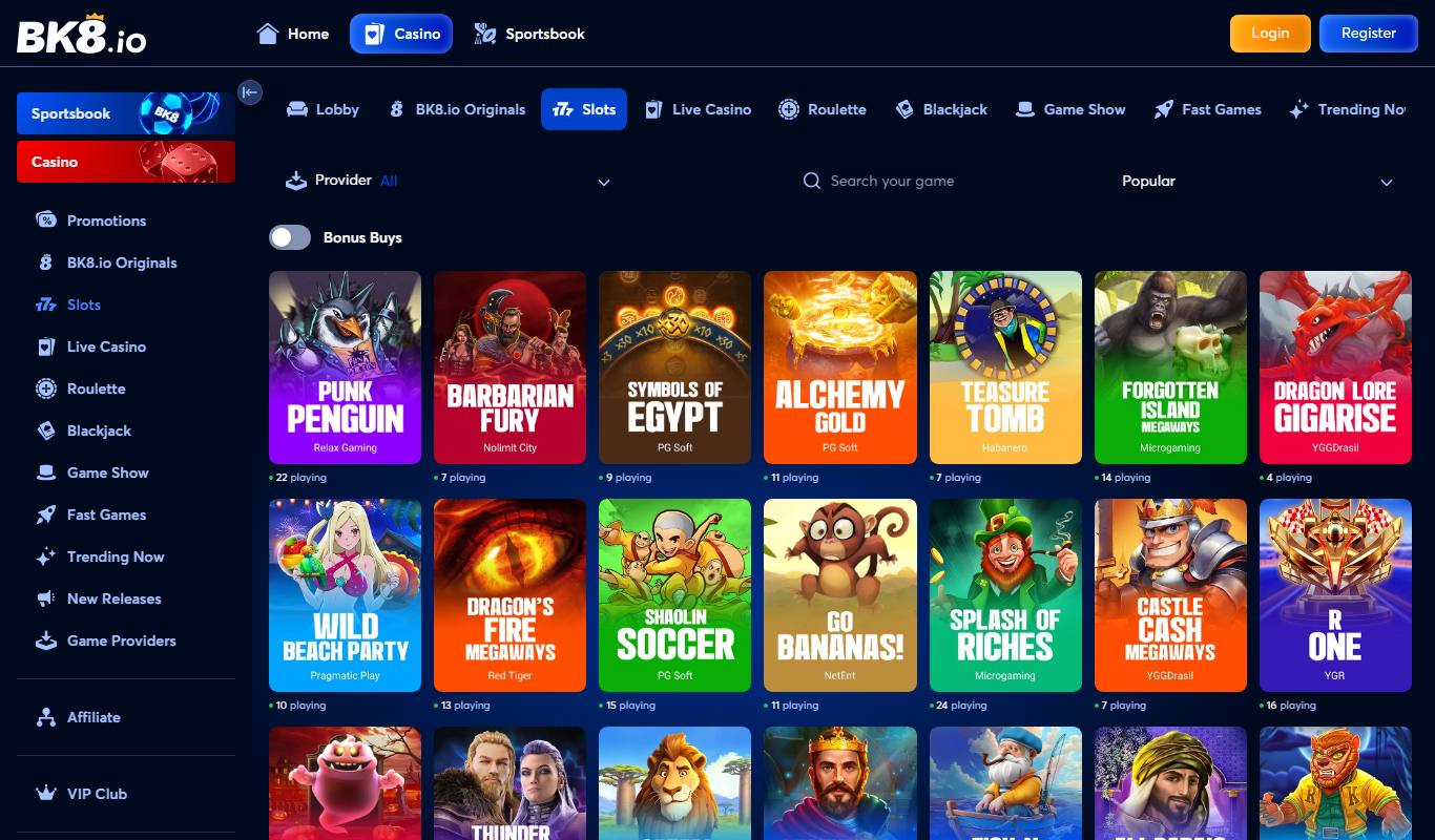 BK8.io slots lobby with provider filter, Bonus Buys toggle and slots from Relax Gaming, Nolimit City, PG Soft and Habanero