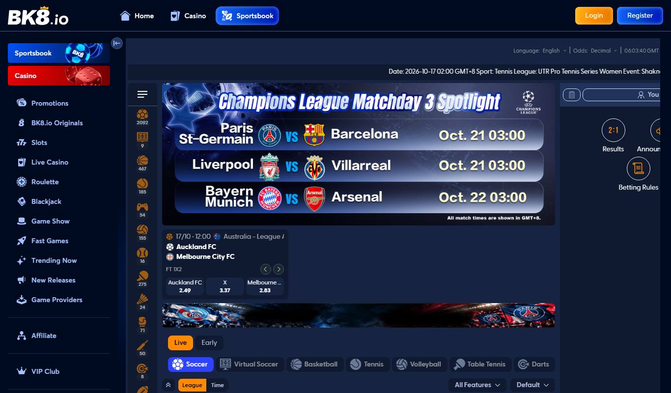 BK8.io sportsbook with Champions League matchday banner, Live and Early tabs and soccer, basketball and tennis filters