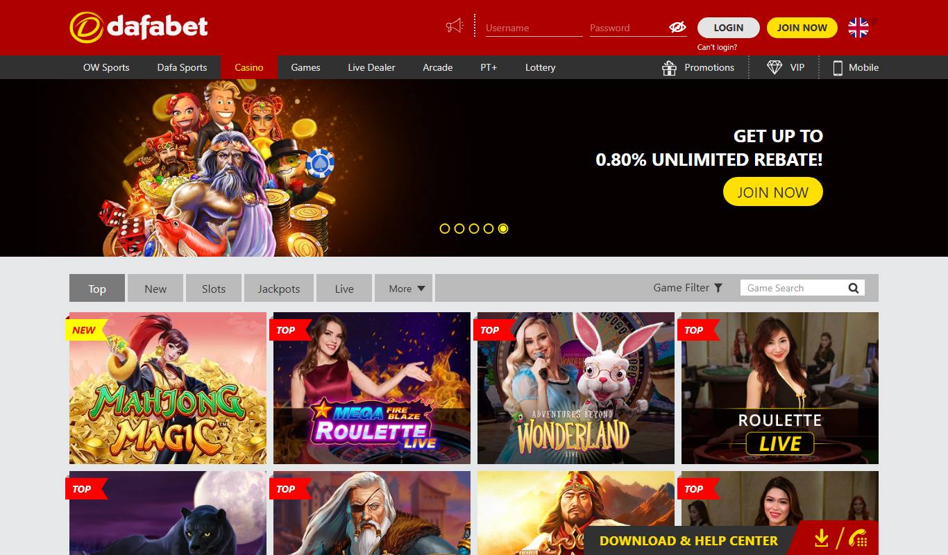 Dafabet Casino section with Top, New, Slots, Jackpots and Live tabs and a 0.80% unlimited rebate banner