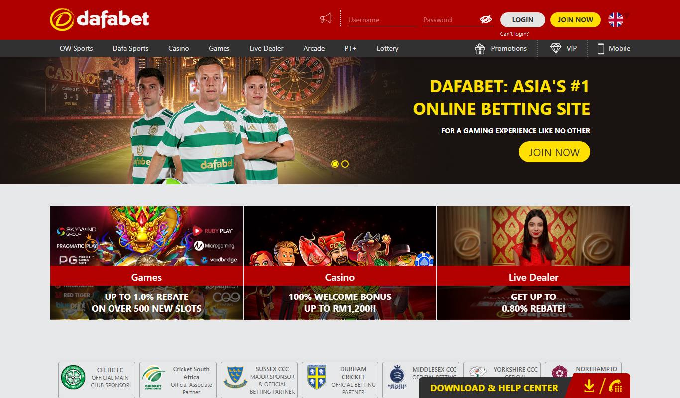 Dafabet homepage with Celtic FC players banner, Games, Casino and Live Dealer tiles and sponsor logos