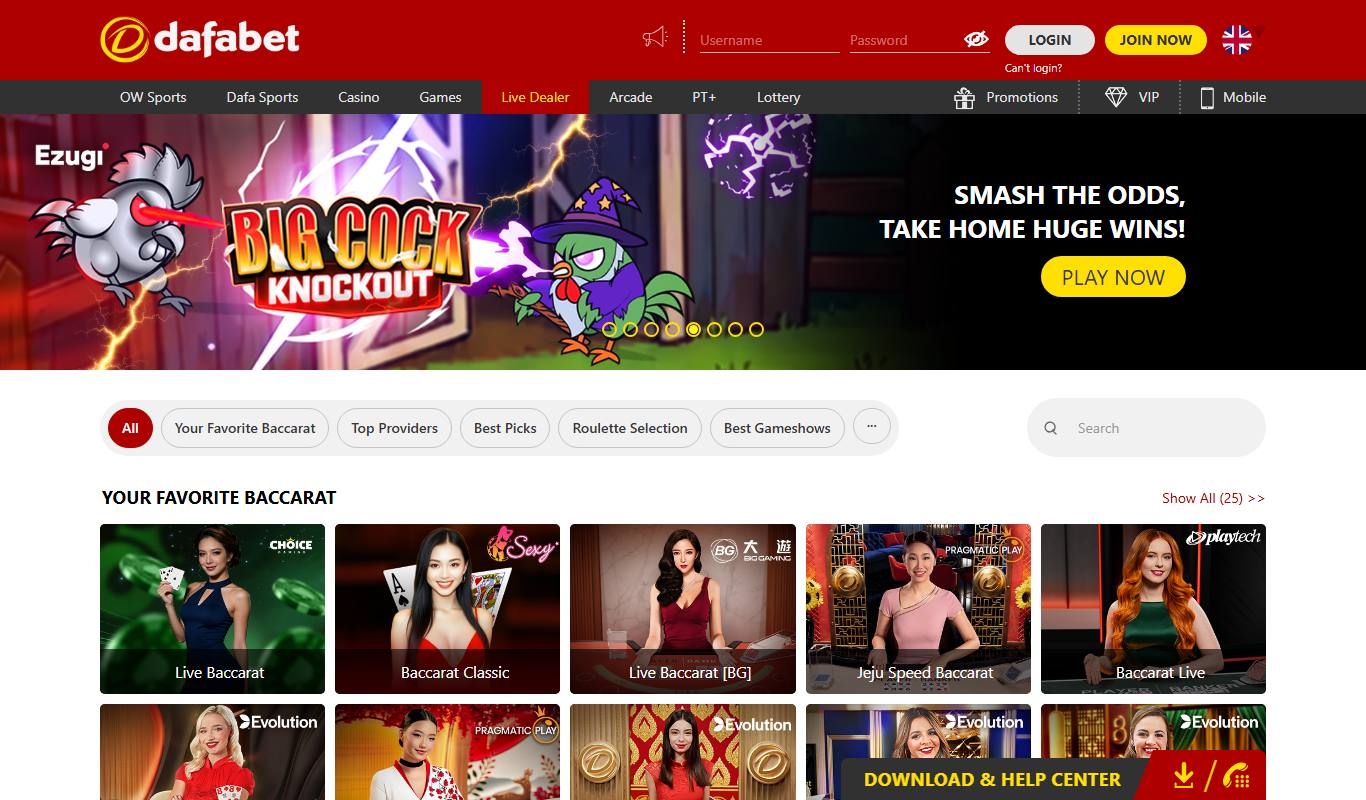 Dafabet Live Dealer lobby with Your Favorite Baccarat row and Top Providers, Roulette and Gameshows filters