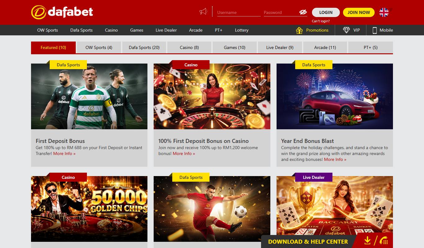 Dafabet promotions page with category tabs and First Deposit Bonus, Casino welcome and Year End Bonus Blast cards